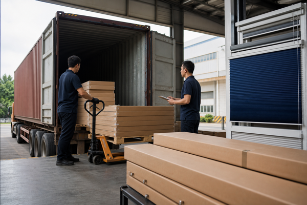 Warehouse staff coordinating a navy cellular-shade shipment at a container handoff