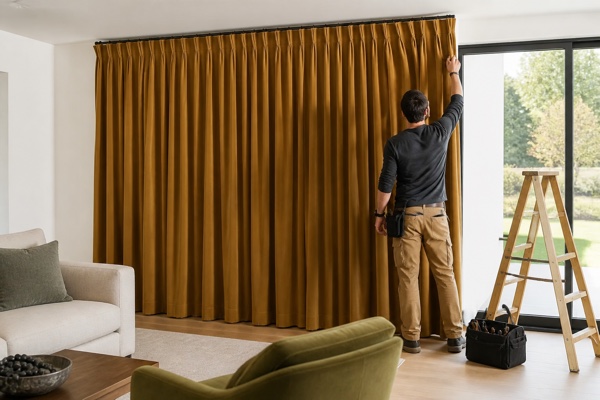 Installer completing ochre custom curtains in a North American living room