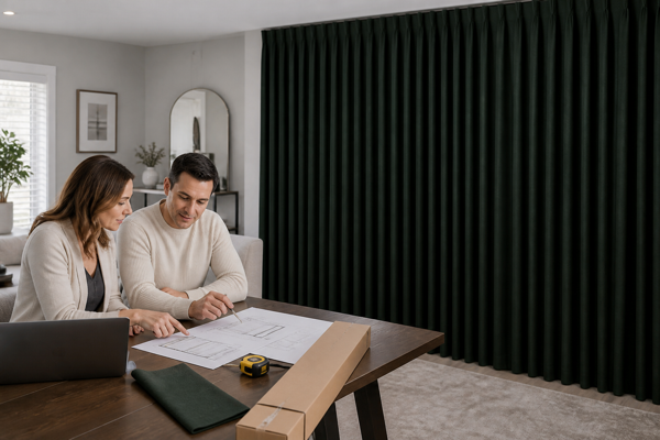 Homeowner and designer planning freight for forest green custom curtains