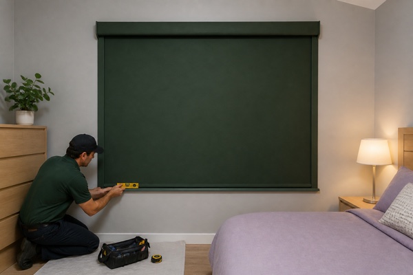 An installer checking a forest-green full-blackout roller shade with side channels