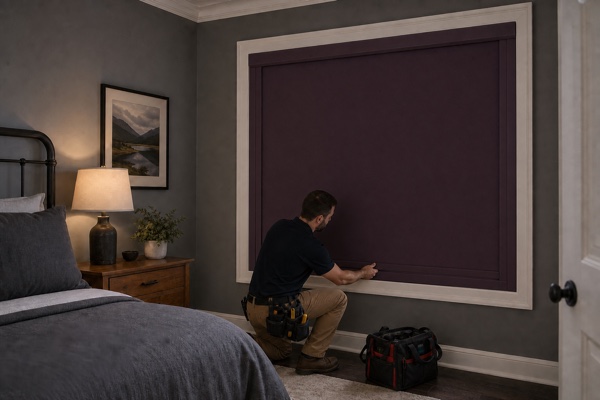 Installer inspecting a fully sealed plum blackout roller shade with no visible light leakage