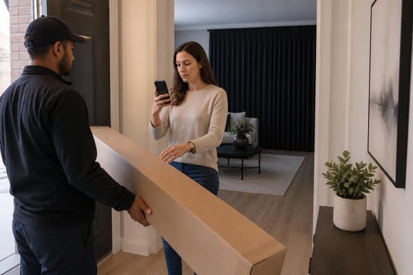 Homeowner inspecting a long curtain carton during last-mile delivery