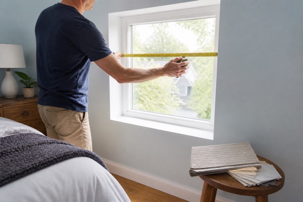 Homeowner measuring a window recess before ordering custom blinds online