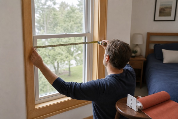 Homeowner measuring a bedroom window before ordering a terracotta roller shade