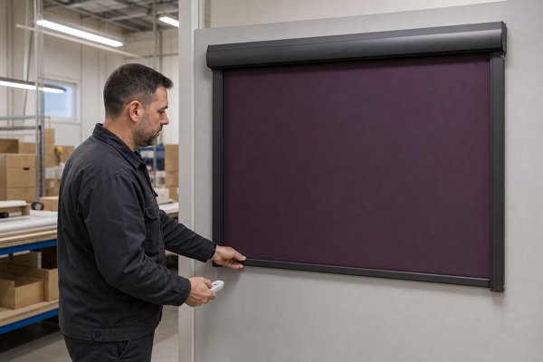Technician checking a fully closed plum motorized blackout shade before packing