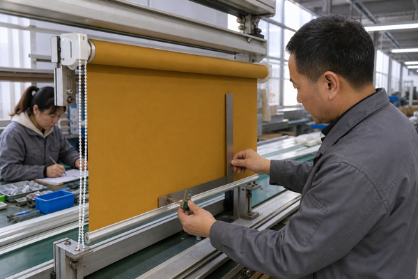 Operator checking the alignment and hem bar of a mustard roller shade during first-article inspection