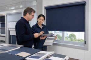 Buyer and product engineer reviewing a midnight blue motorized roller shade prototype before sharing project files