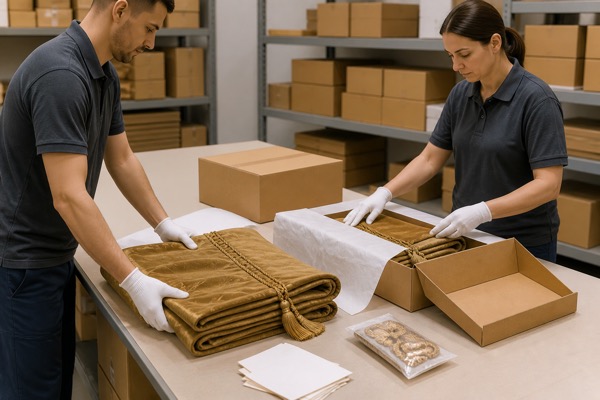 Workers checking order labels and protective packing for warm ochre custom curtain panels