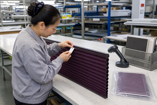 Technician recording a plum cellular shade sample at a controlled factory handoff station