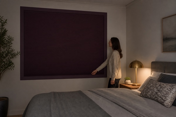 Installed plum cellular blackout blind fully covering a bedroom window without visible light leaks