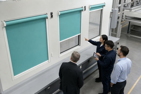 International buyers inspect a teal motorized-shade test wall during a factory visit