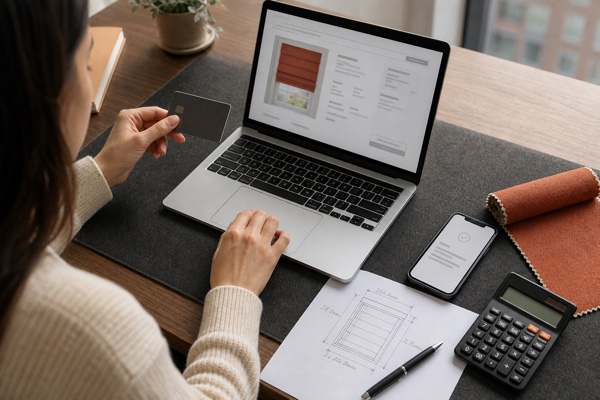 Shopper checking a custom blind order total and payment details at home