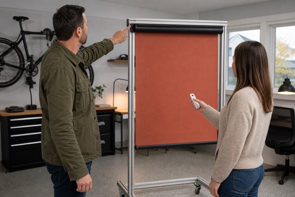 Homeowner and installer testing a terracotta motorized roller shade working sample