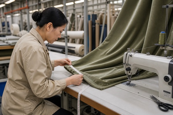 Factory operator measuring the seam and hem of a sage green curtain panel during sewing
