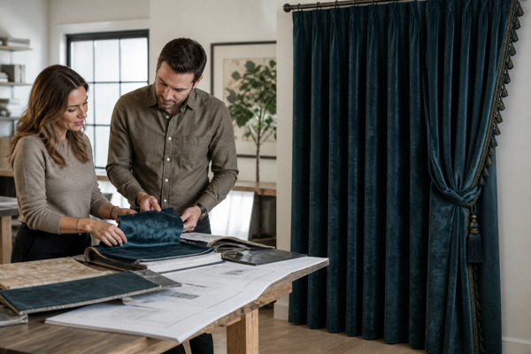 A designer and dealer comparing supplier samples beside deep teal custom curtains