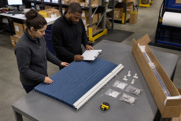 Fulfillment staff inspecting a slate blue cellular shade and components from a returned order
