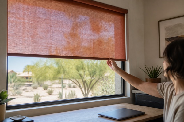 A terracotta solar roller shade controlling afternoon sun in a warm-climate home office
