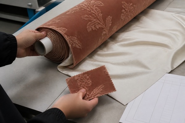 Inspector checking a terracotta curtain fabric roll and lining against an approved swatch
