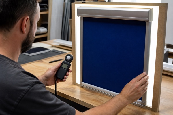 Technician testing the opacity of a cobalt-blue blackout roller shade sample