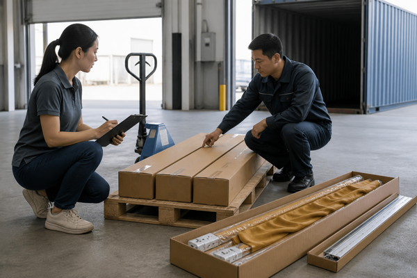 Factory and freight coordinator checking long cartons at a warehouse handoff