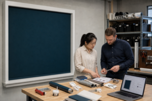 Ecommerce product manager and factory merchandiser reviewing a teal window shade, samples, and an option sheet