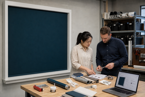 Ecommerce product manager and factory merchandiser reviewing a teal window shade, samples, and an option sheet