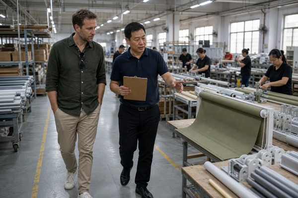 Buyer and factory manager walking through a window shade assembly area during an on-site audit