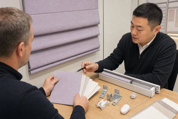 A buyer reviews Roman-shade materials and hardware at a specialist textile booth