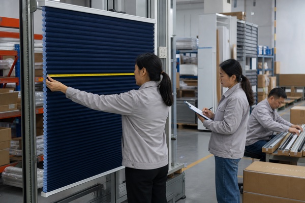 Quality inspectors measure a navy cellular shade and check rails at a factory QC station