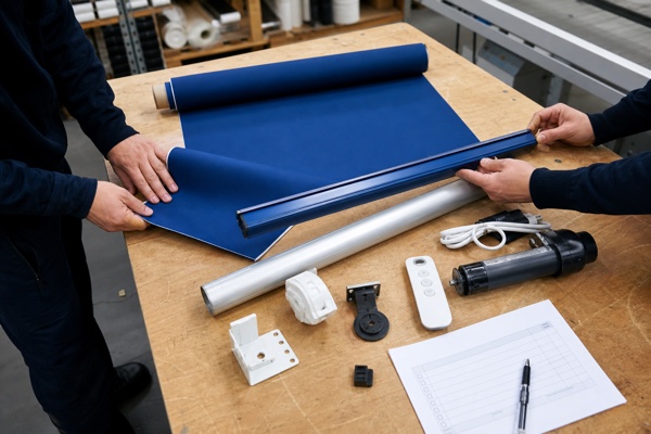 Factory team reviewing cobalt window shade fabric and hardware for production