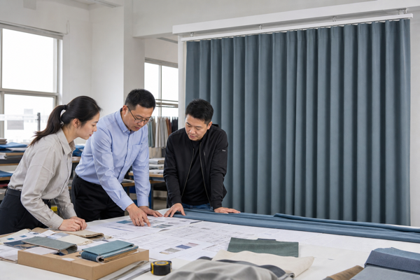 Buyer, quality engineer, and production lead reviewing a dusty blue curtain mock-up and project documents