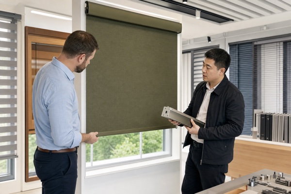 Procurement meeting with an olive motorized roller shade in a window treatment showroom