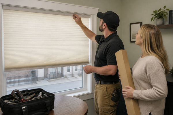 A Canadian installer checking an ivory cellular shade and its product label with a homeowner