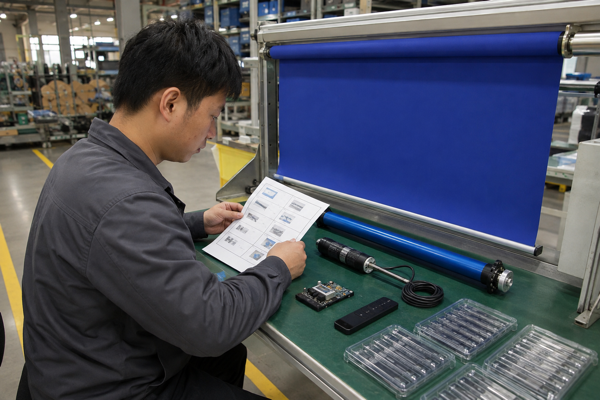 A factory inspector matching cobalt blue motorized shades and electronic parts to traceability records