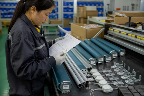 A quality inspector matching teal roller shades to batch records at a factory station