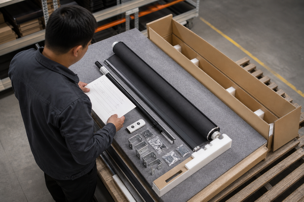 A logistics coordinator inspecting charcoal roller shades, hardware, and export cartons in a warehouse