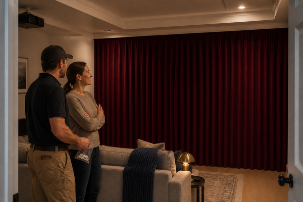 A homeowner and installer reviewing a finished burgundy blackout curtain installation with no visible light gaps