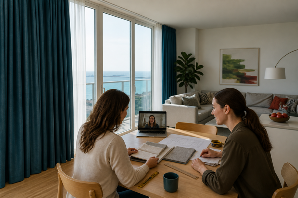 A homeowner and designer comparing local and factory samples beside ocean blue custom curtains