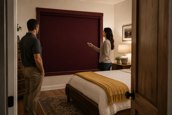 A homeowner using a remote beside a finished burgundy blackout roller shade with side channels