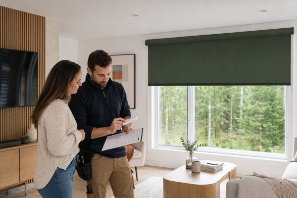 A homeowner and installer reviewing a forest green motorized roller shade and its remote