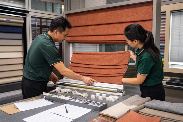 Factory staff reviewing a copper Roman shade sample and unlabeled compliance records