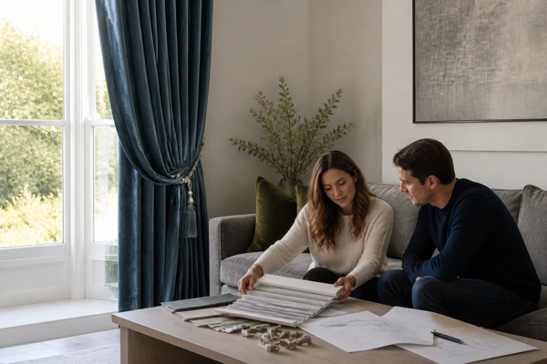 A buyer and designer reviewing product samples beside ocean blue custom curtains