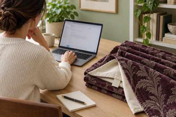 Homeowner preparing a product-specific inquiry beside a folded plum curtain