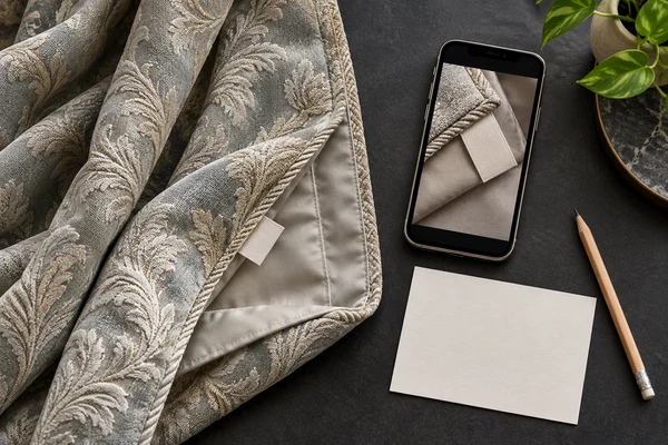 Silver-grey curtain beside a blank care record and a phone showing its label photo