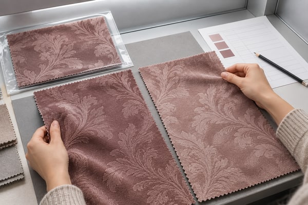 Hands comparing mauve curtain fabric cuttings on a neutral sample-review bench