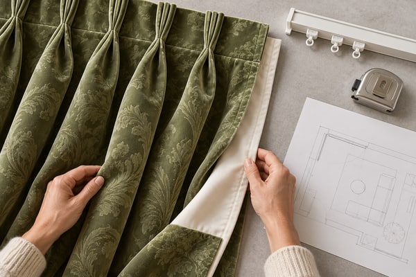 Olive-green lined jacquard sample beside a track section and room drawing