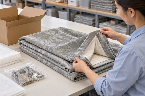 Worker reviewing a silver-grey lined curtain and packing materials on a workbench