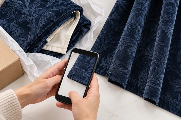 Hands photographing a navy curtain hem with its lining and packing visible