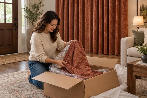 Homeowner unpacking a terracotta jacquard curtain while retaining the delivery carton