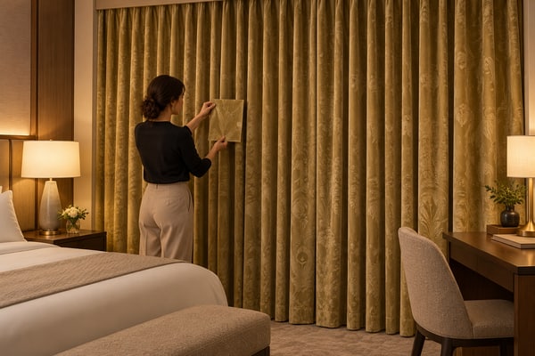 Designer comparing a physical cutting with closed ochre jacquard hotel curtains